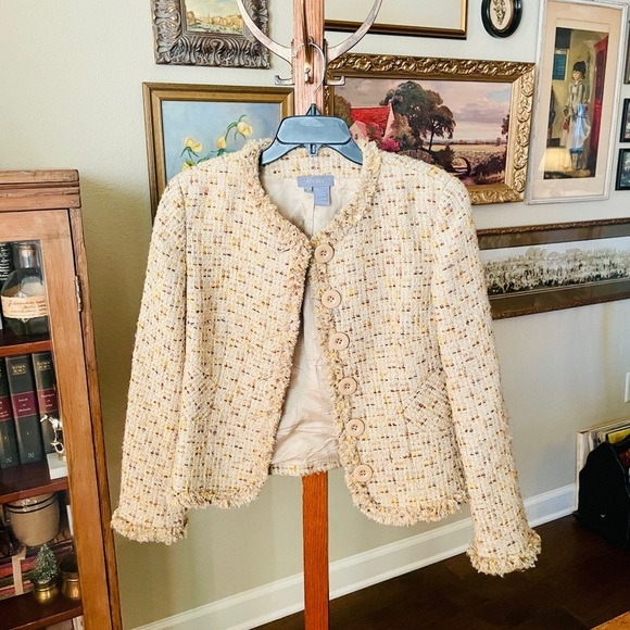 ECCOCI wool cotton mohair blend tweed blazer lined buttons SZ 6 beige yellow - Picture 3 of 9
